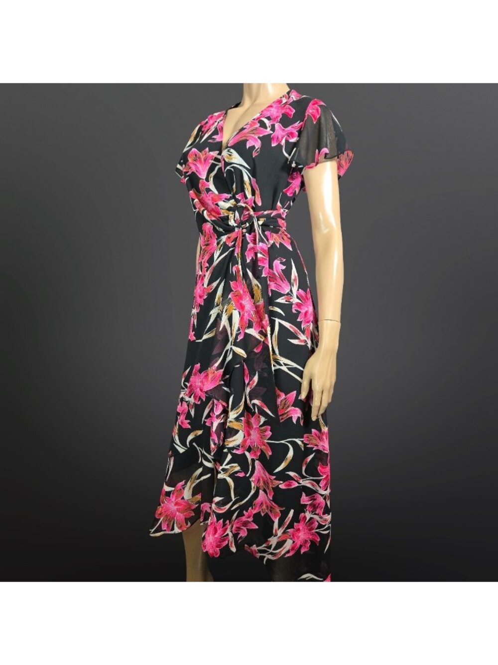 Joseph Ribkoff Floral Wrap Midi Dress Size 4 Black Pink Lily Print Chiffon